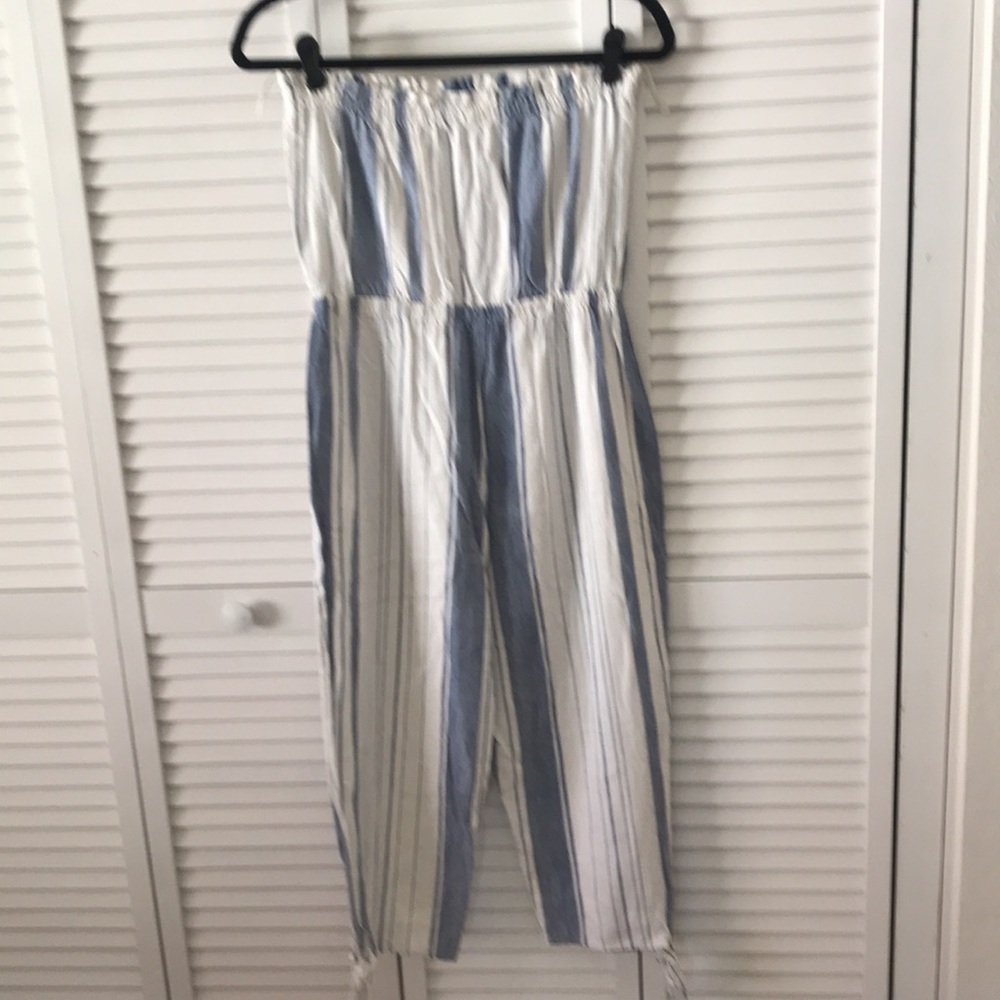 PAC-SUN‎ LA Hearts Strapless Jumpsuit blue & white cropped w/ ties detail size S - Picture 5 of 9